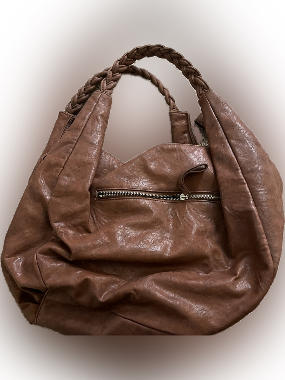 Brown fake Leather Tote with Pink & Purple Floral Appliqué - Picture 3 of 4